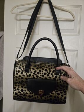 Icing Brand Leopard Print Satchel Handbag with Black Trim